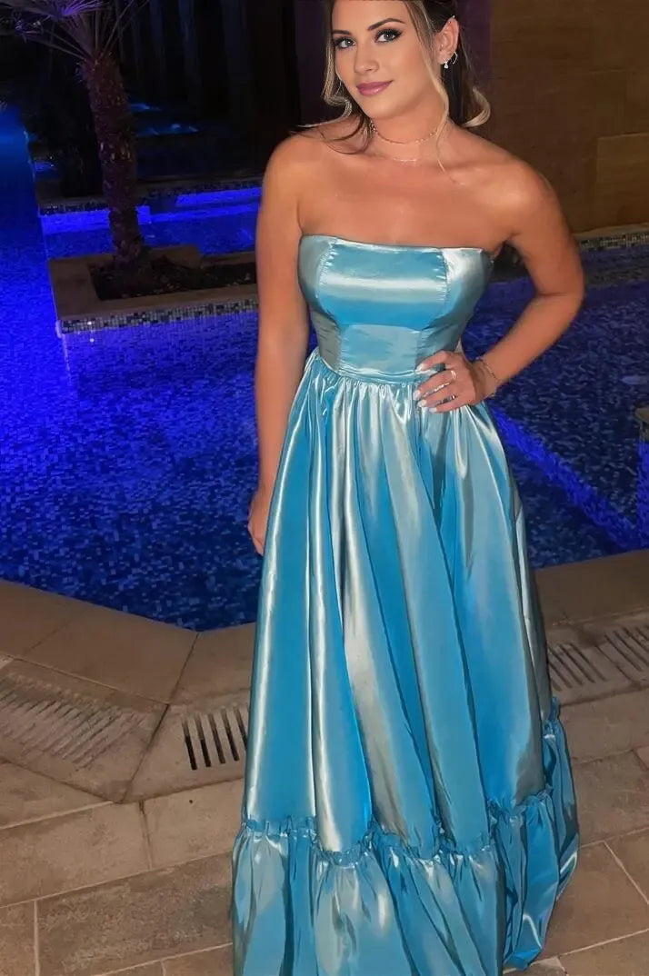 Weitese Stunning Bright Blue Satin Strapless Sleeveless A Line Evening Dress with Pleated Prom Dress